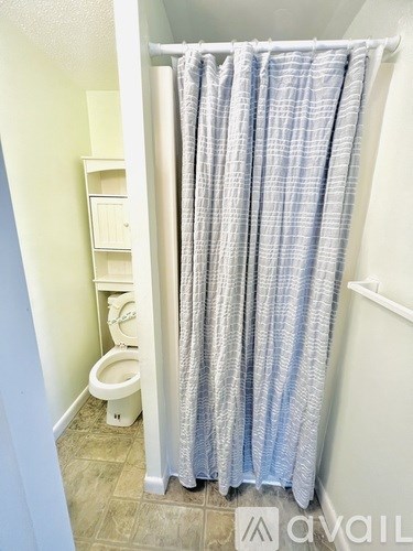 A bathroom with a toilet, a shower curtain, and a shelf.