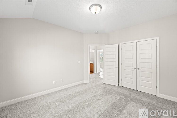 A room with a carpeted floor and two white doors.