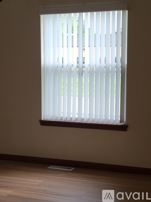 A window with blinds open to a bright outdoor area.