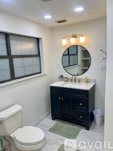A bathroom with a white toilet, a sink with a black cabinet, a round mirror, and a window with black panes.