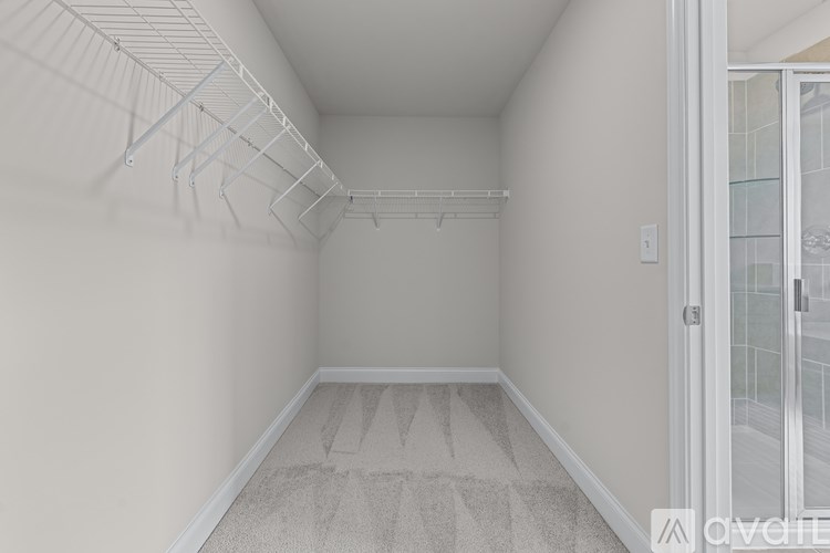 A white walk-in closet with a carpeted floor and white walls.