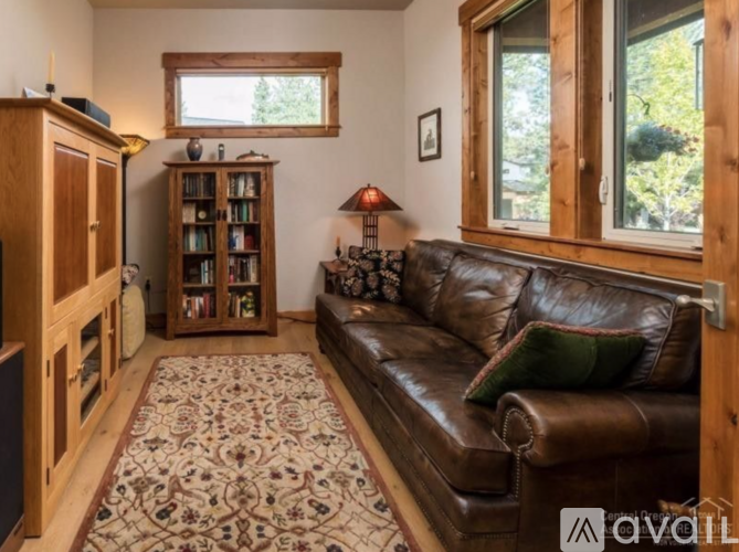 A living room with a brown leather couch and a patterned rug.