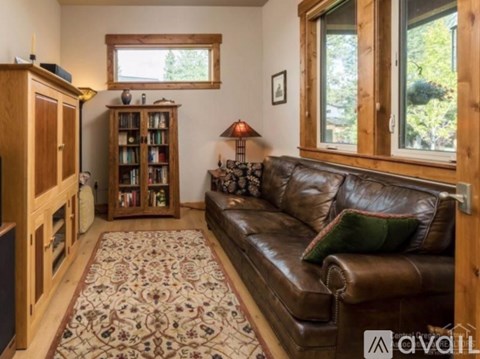 A living room with a brown leather couch and a patterned rug.