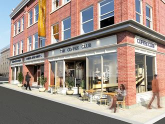 a rendering of a coffee shop on a city street
