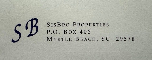 A letterhead for Sisbro Properties with a large SB logo.