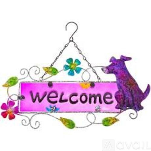 A colorful sign with a dog figure and the word "welcome" on it.
