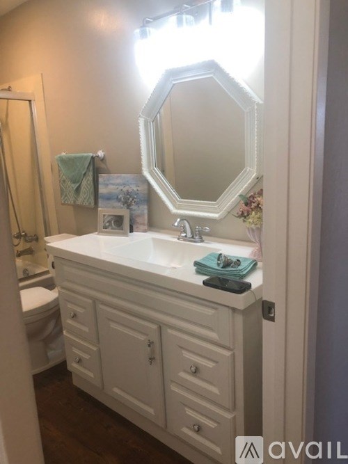 A bathroom with a white vanity and a mirror above it.