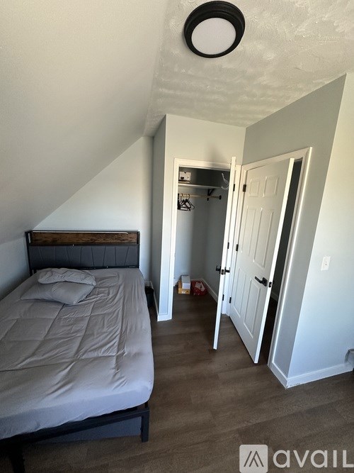 A bedroom with a bed and a closet.