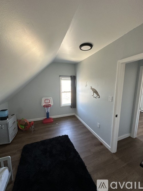 A room with a basketball hoop and a black rug.