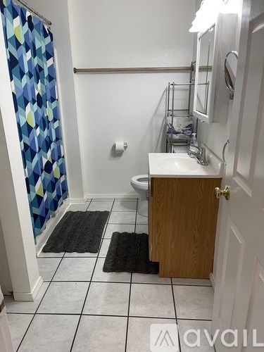 A bathroom with a sink, toilet, and shower curtain.