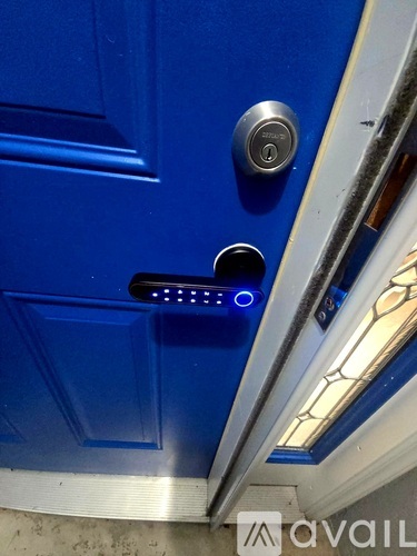 A blue door with a digital lock and keypad.