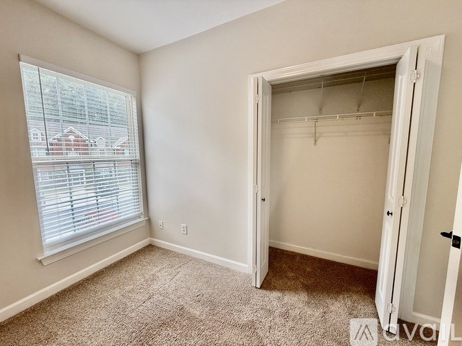 A room with a carpeted floor, a window with blinds, and a closet with a coat hanger.