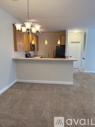 A room with a carpeted floor and a chandelier hanging from the ceiling.