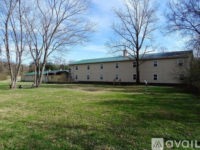 A house with a green roof is surrounded by trees.