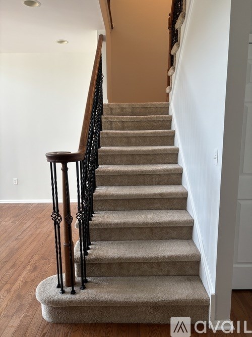 A staircase with a beige carpeted runner and a black railing.