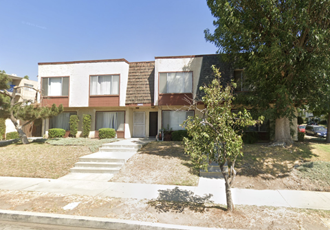 A tree is in front of a building with a brown door.