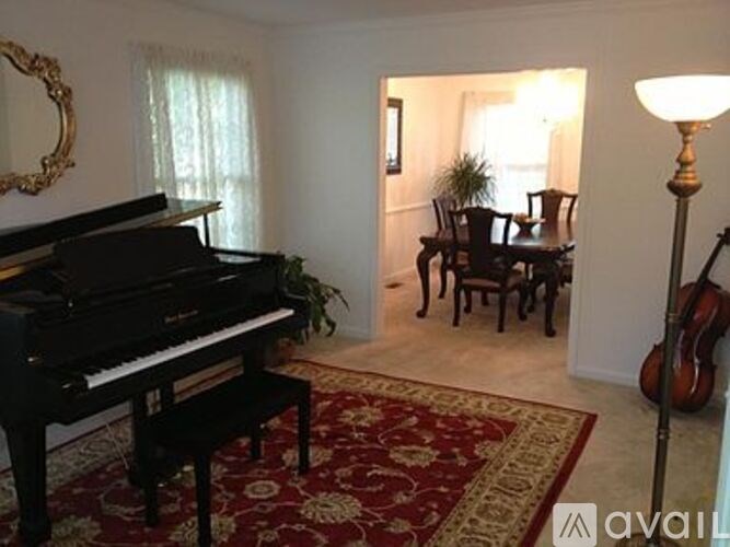 A black grand piano sits in a living room with a red rug.