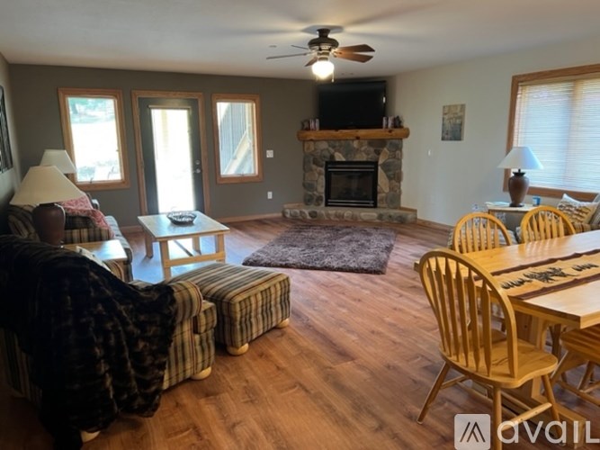 A living room with a fireplace and a television.