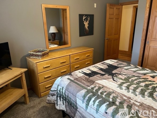 A bedroom with a bed, dresser, and mirror.