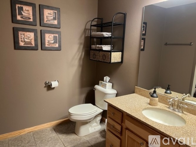 A bathroom with a toilet, sink, and shelves with towels.