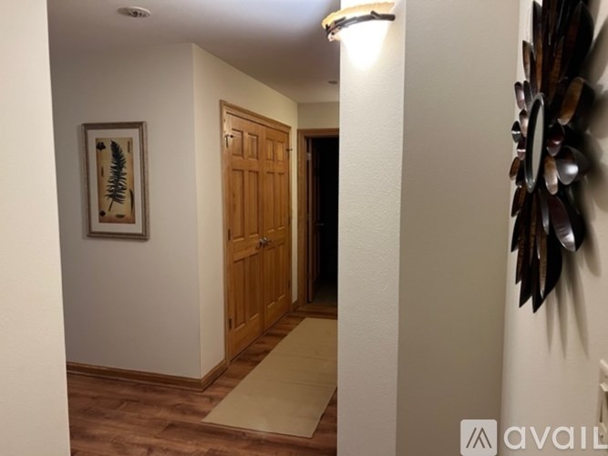 A hallway with a wooden door and a framed picture on the wall.