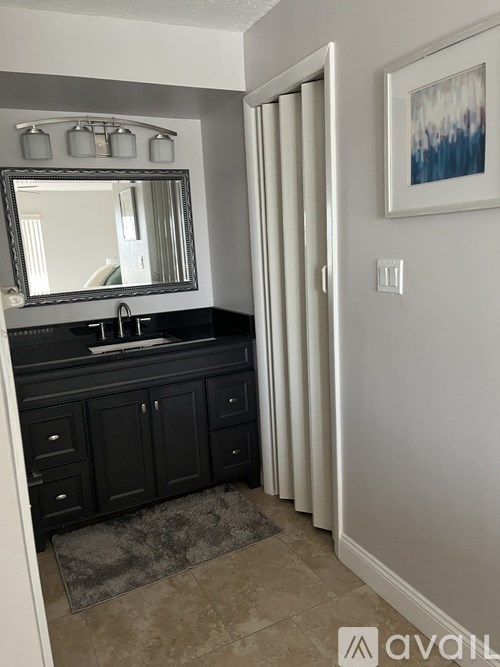 A bathroom with a sink, mirror, and a rug on the floor.