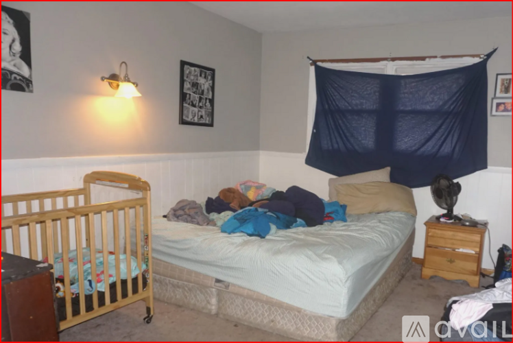 A bedroom with a bed, nightstand, and a hanging canopy.
