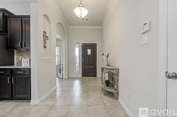 A hallway with a brown door and a plant on a table.