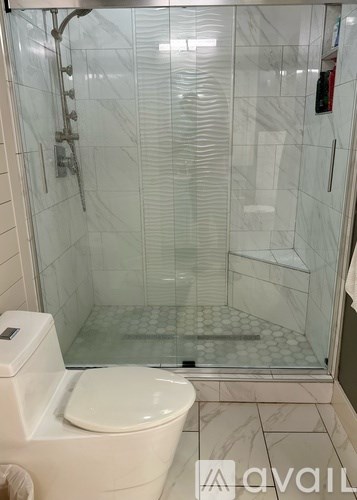 A white toilet sits next to a walk-in shower with a glass door.