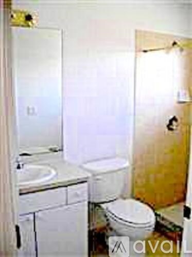 A bathroom with a toilet, sink, and mirror.