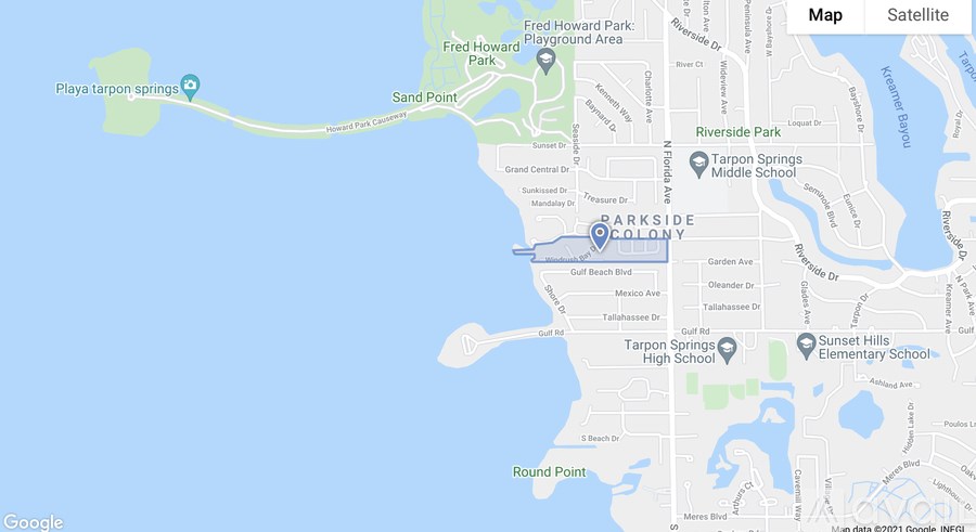A map showing a coastal area with various landmarks and roads.