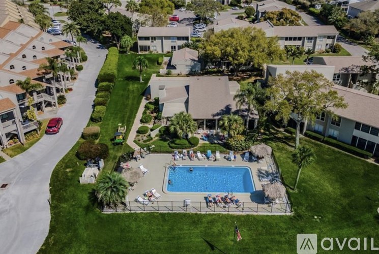 A bird's eye view of a residential area with a swimming pool.