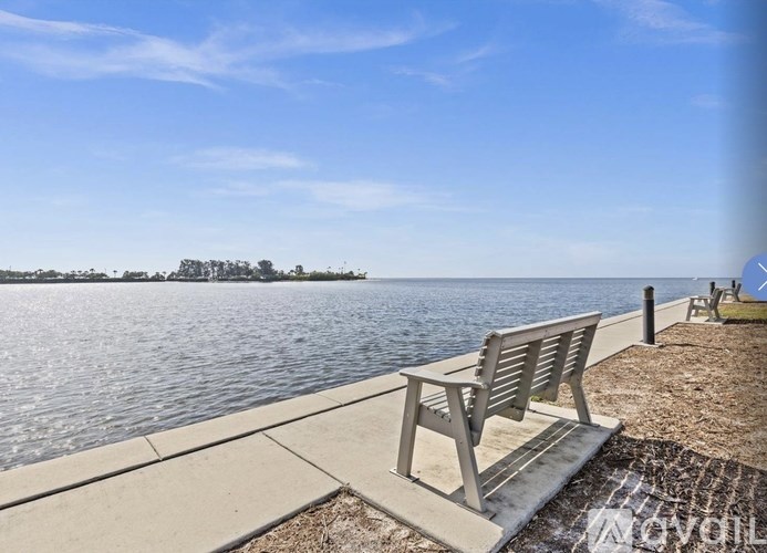 A bench is situated on a concrete platform by the water.