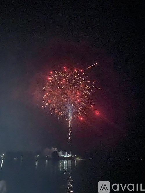 A firework display over a body of water at night.