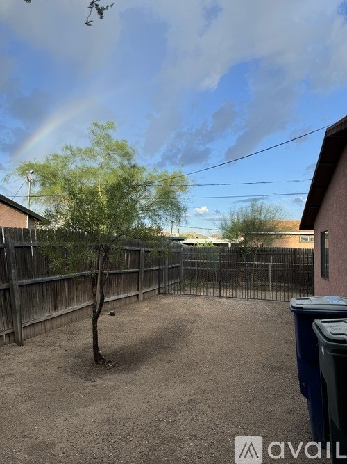 A backyard with a fence, a tree, and a rainbow in the sky.