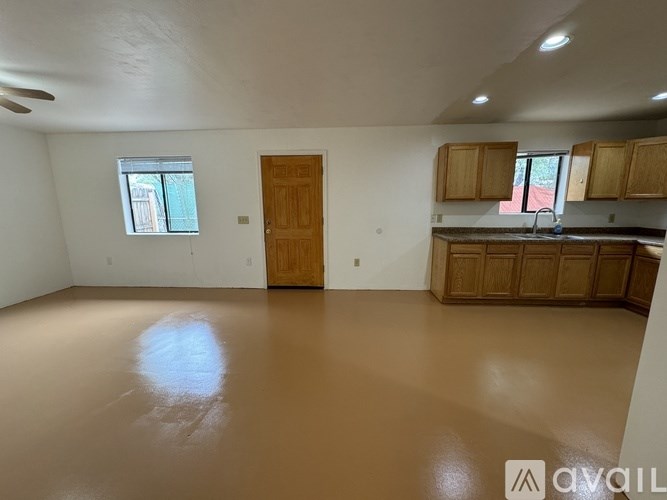 A room with a brown floor and a wooden door.