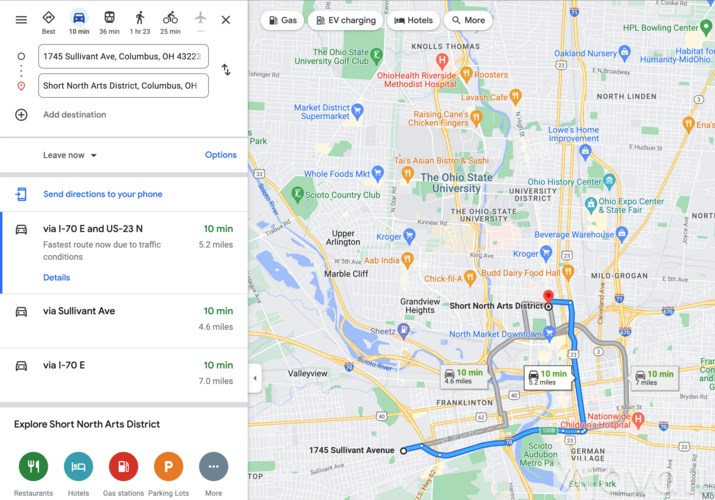 A map showing a route from 1745 Sullivan Ave, Columbus, OH to the Short North Arts District, Columbus, OH.
