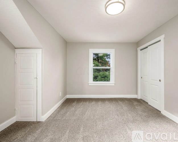 A room with a carpeted floor and a window showing trees outside.