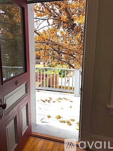 A view of a deck through a doorway with a tree in the background.