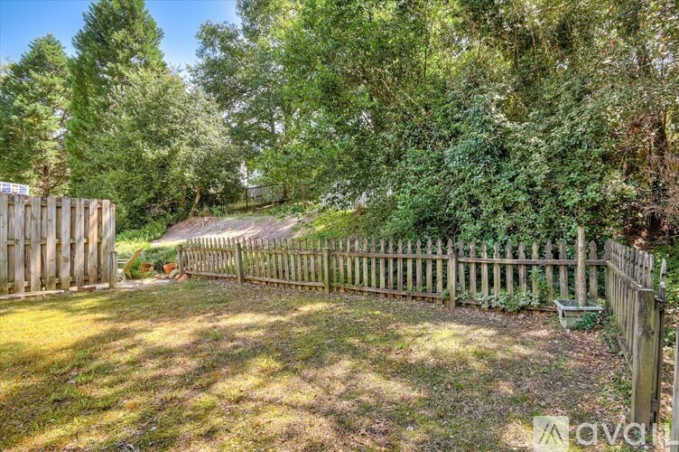 A backyard with a wooden fence and greenery.