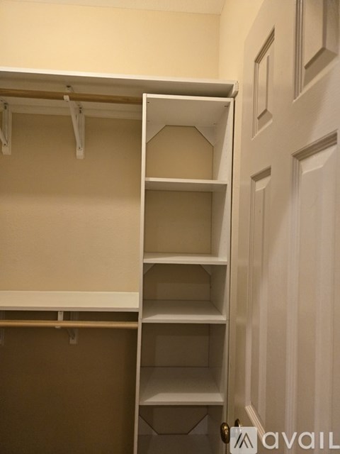 A white closet with shelves and a door.