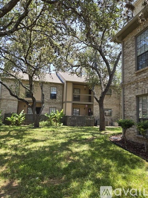 A tree-lined yard in front of a two-story house.