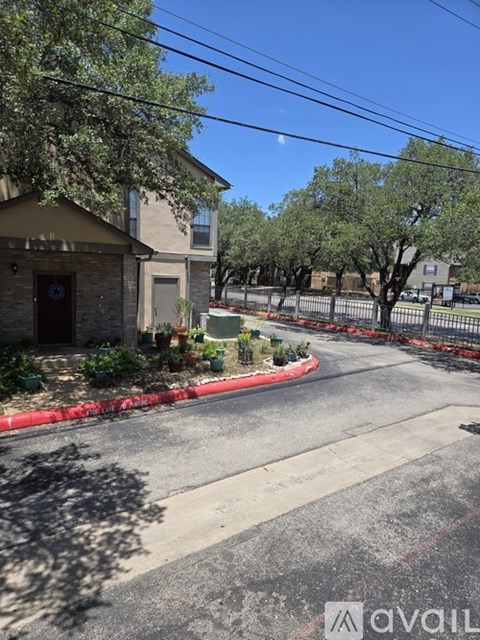 A street view with a house on the left and a tree in the middle of the road.