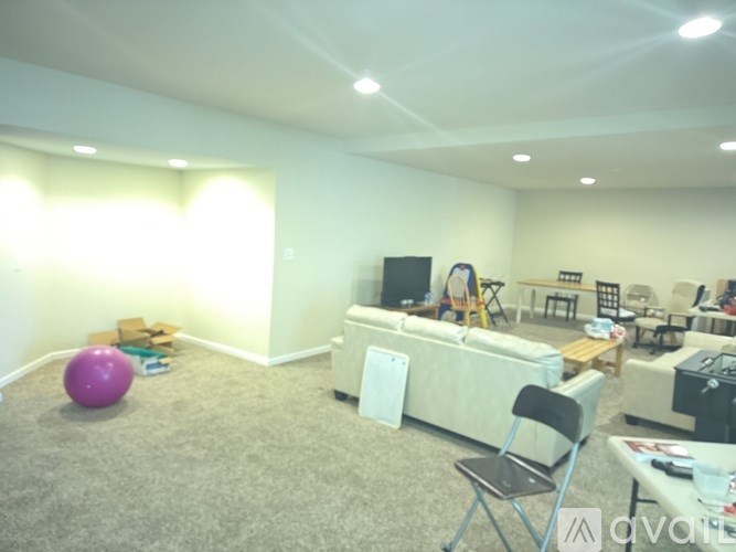 A living room with a couch, chair, and exercise ball.