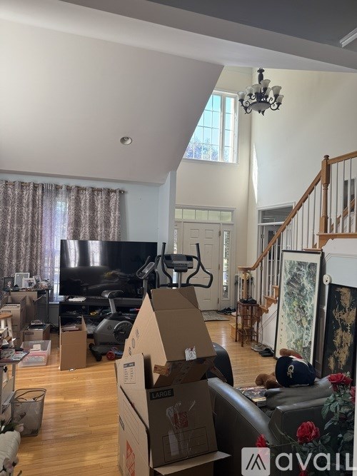 A living room with a couch, a TV, and a cardboard box on the floor.