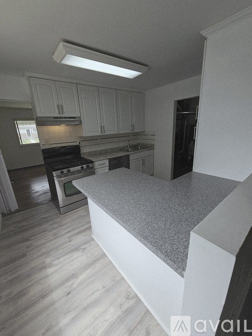 A kitchen with a countertop and cabinets.