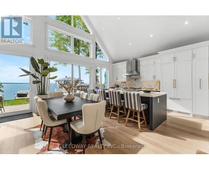 A modern kitchen with a dining table and chairs.