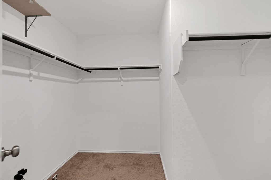 A white room with a brown carpet and a door.