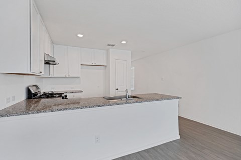 A kitchen with white cabinets and a granite countertop.