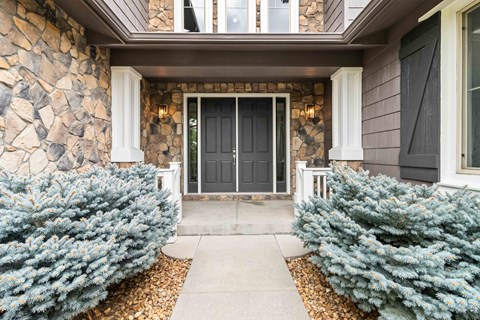 A house entrance with a black door and a stone wall.